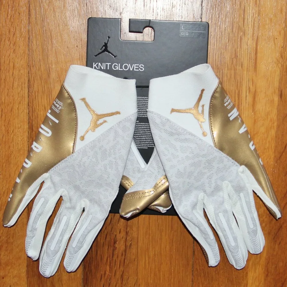 Jordan Knit Metallic Football Gloves Mens L White Gold